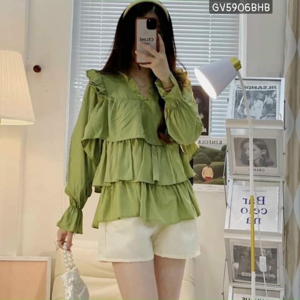 Áo kiểu nữ xếp ly 3 tầng tay bồng tiểu thư bánh bèo nữ tính phong cách Hàn quốc Liaofashion UV73