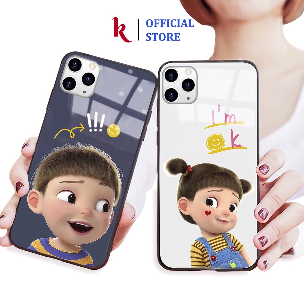 Ốp lưng iphone kính cặp đôi bé trai gái 3D case 14plus 14 pro max 13 12 promax 11 mini 6 6s 7 8 plus x xr xs Se