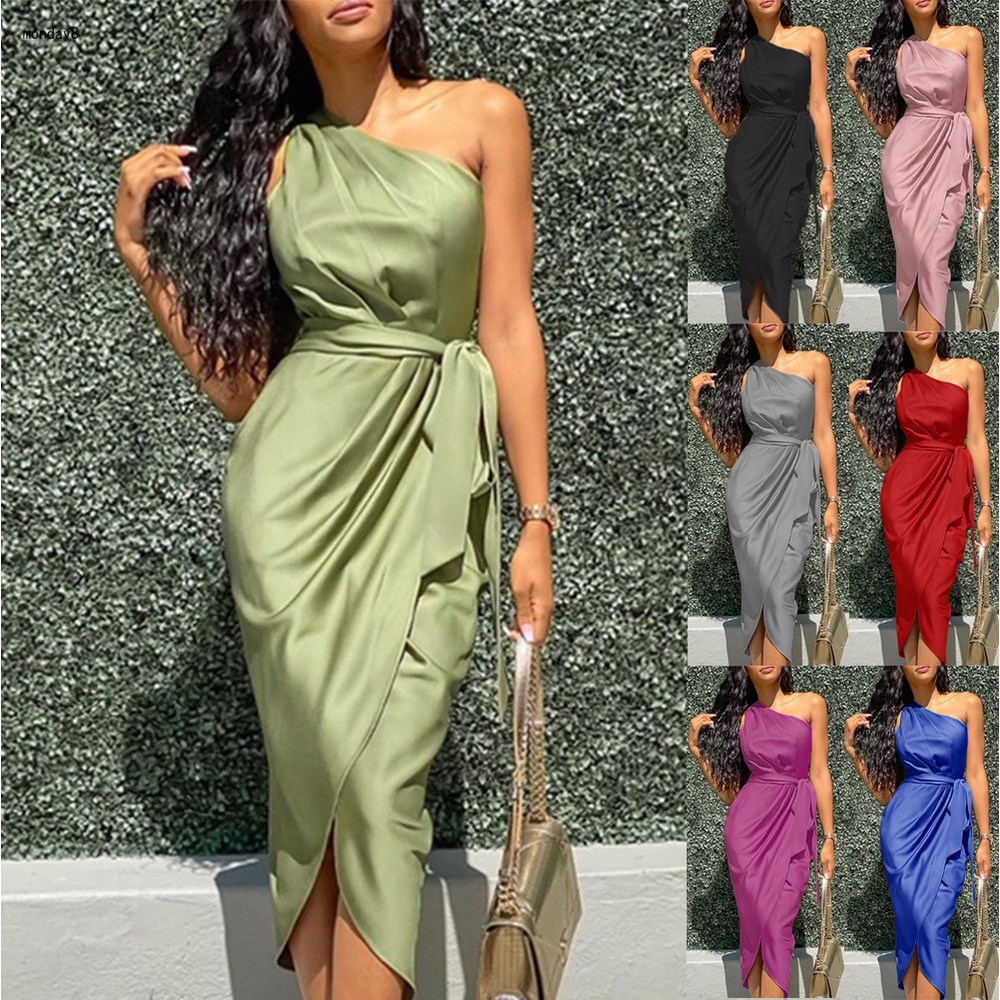 Đầm Dự Tiệc Vải Satin Không Tay Một Vai Gợi Cảm Thứ Hai8 Dành Cho Nữ