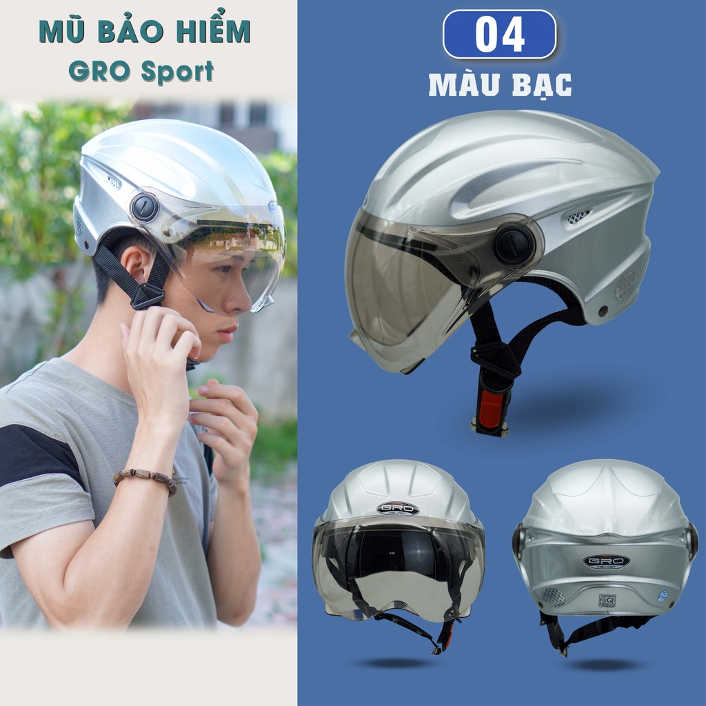 Mũ Bảo Hiểm Nửa Đầu GRO Helmet có kính, kiểu dáng thể thao cho nam và nữ, khóa kim loại chắc chắn - Nhiều màu