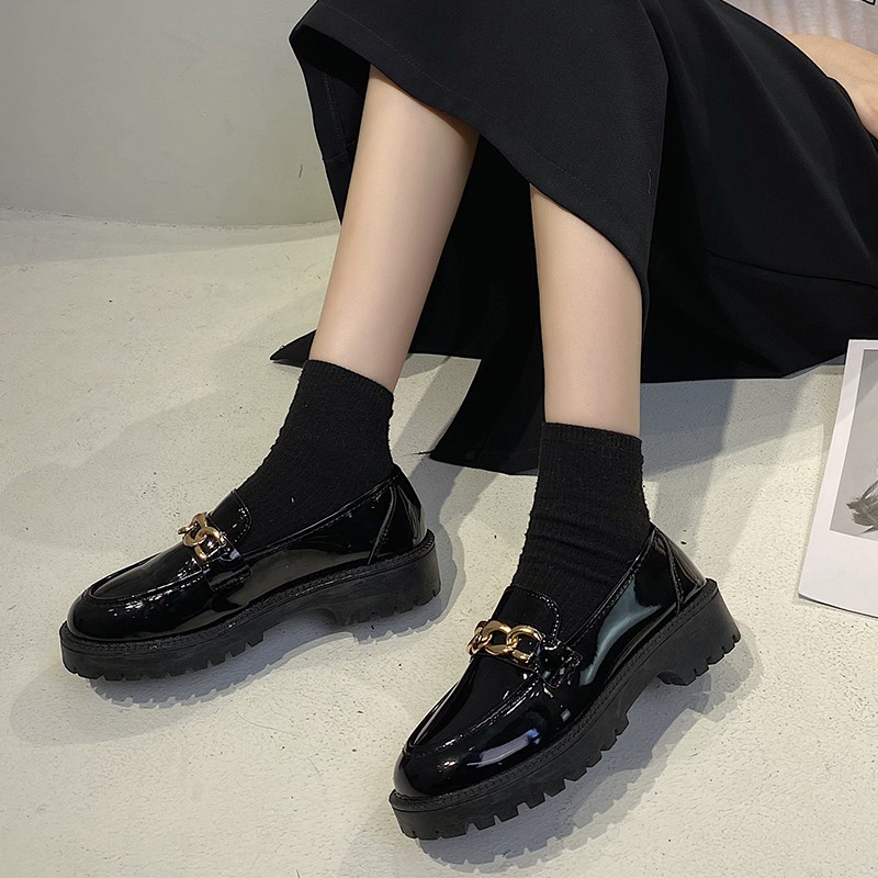 Giày Da Đế Dày Phong Cách Retro Anh Quốc Thời Trang Xuân Thu 2021 Cho Nữ