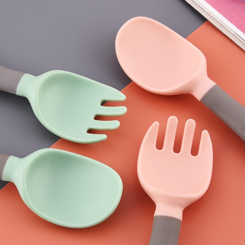 Set Thìa Dĩa Ăn Dặm, Muỗng Dĩa Cho Bé Tập Xúc Silicon Uốn Cong