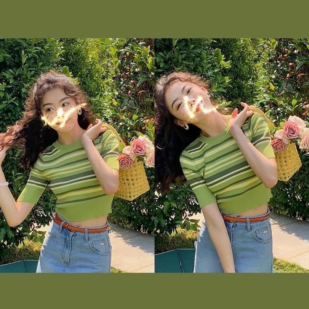 Áo Dệt Kim Nữ Kẻ Ngang Tay Ngắn Cố Tròn Vải Mềm Mại Ailee