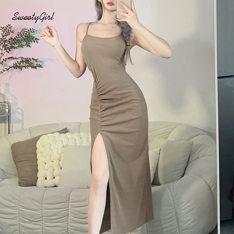 Đầm Maxi Ôm Eo Tay Dài Màu Đen Trơn Quyến Rũ Thời Trang 2022 Cho Nữ