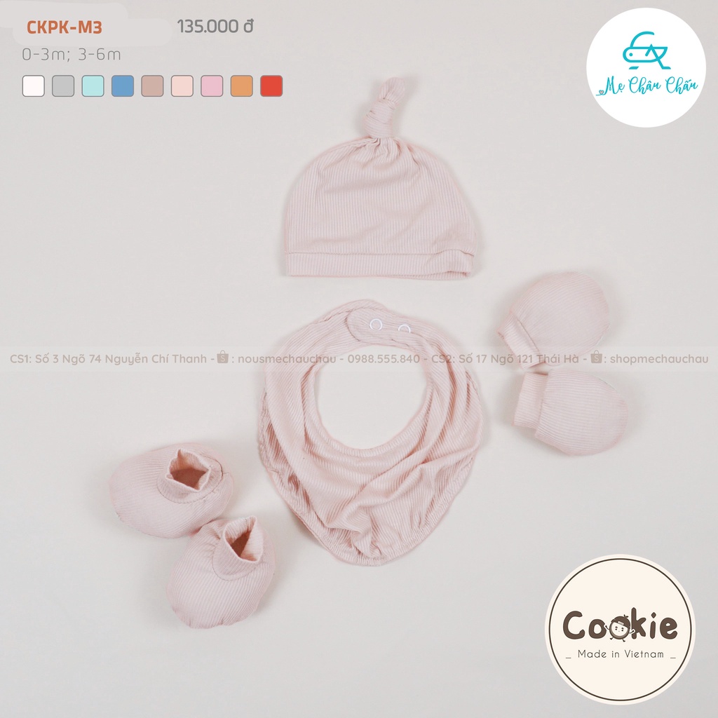 [FULL] Set Mũ Chóp Cookie Kèm Phụ Kiện Yếm, Bao Tay, Bao Chân (Size Sơ Sinh đến 6 Tháng)