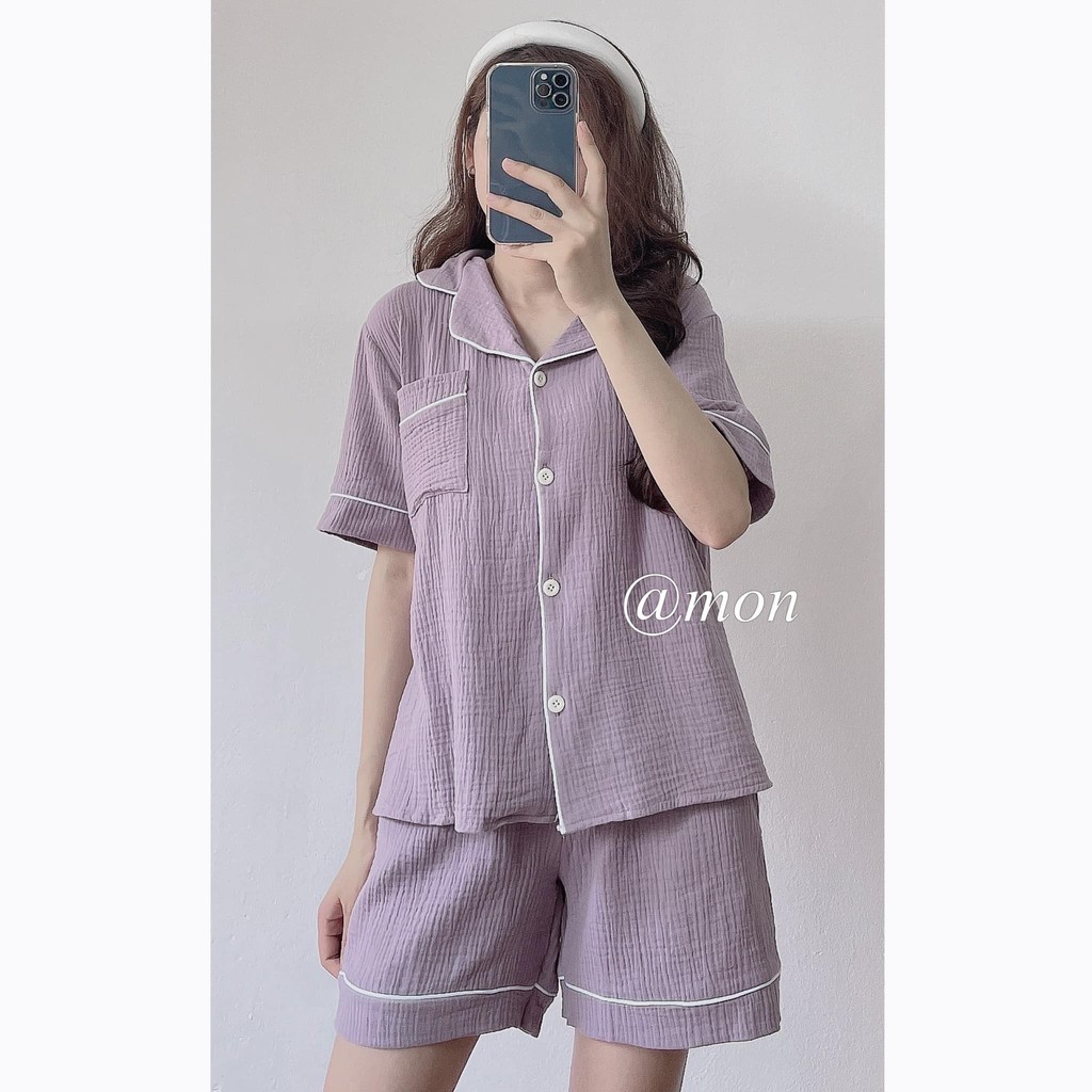 2101624 Set pijama hàn quốc set đồ ngủ basic màu pastel cho nữ ulzzang chất linen xốp mềm mát