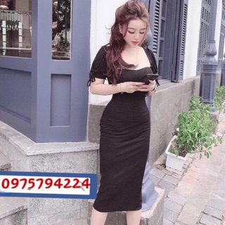 Đầm thun gân body tay ngắn siêu tôn dáng đen