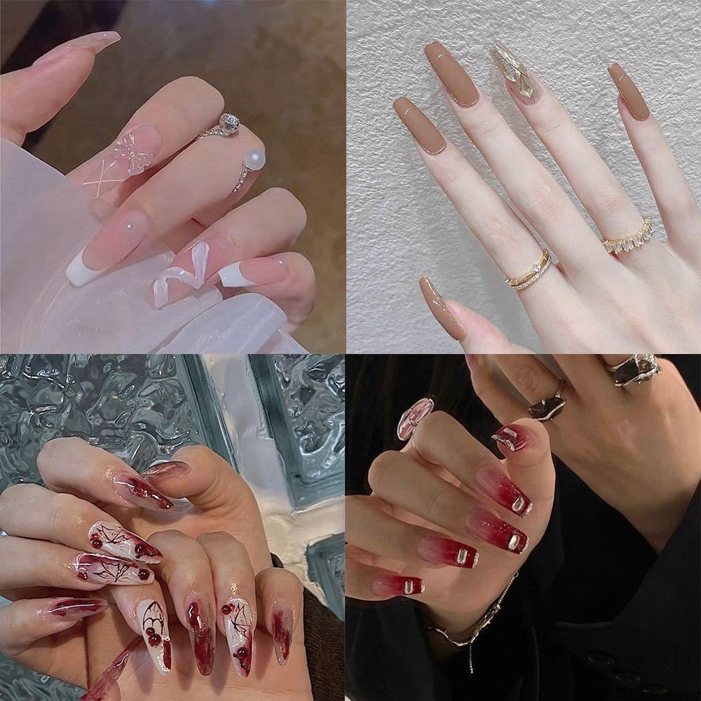 Hộp 24 Móng Tay Giả Che Phủ Toàn Diện Họa Tiết Nơ / Trái Tim Lấp Lánh