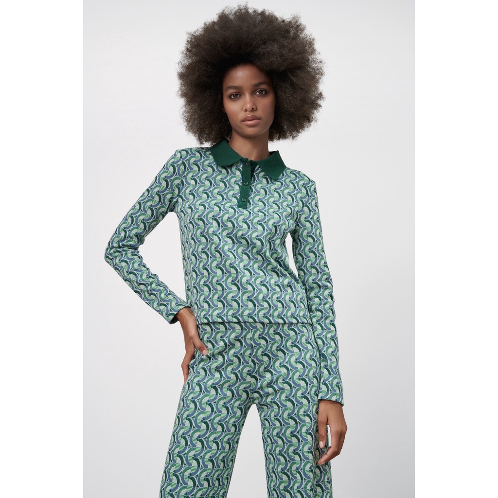 ZARA Đức - Áo Polo vải nổi họa tiết tay dài form ôm nhẹ sang chảnh xanh lá vải thun dày 5584/005