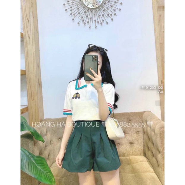 Áo len ngực thêu ong cổ bẻ tay con phối viền sọc đỏ xanh cổ và tay áo hàng Quảng Châu!