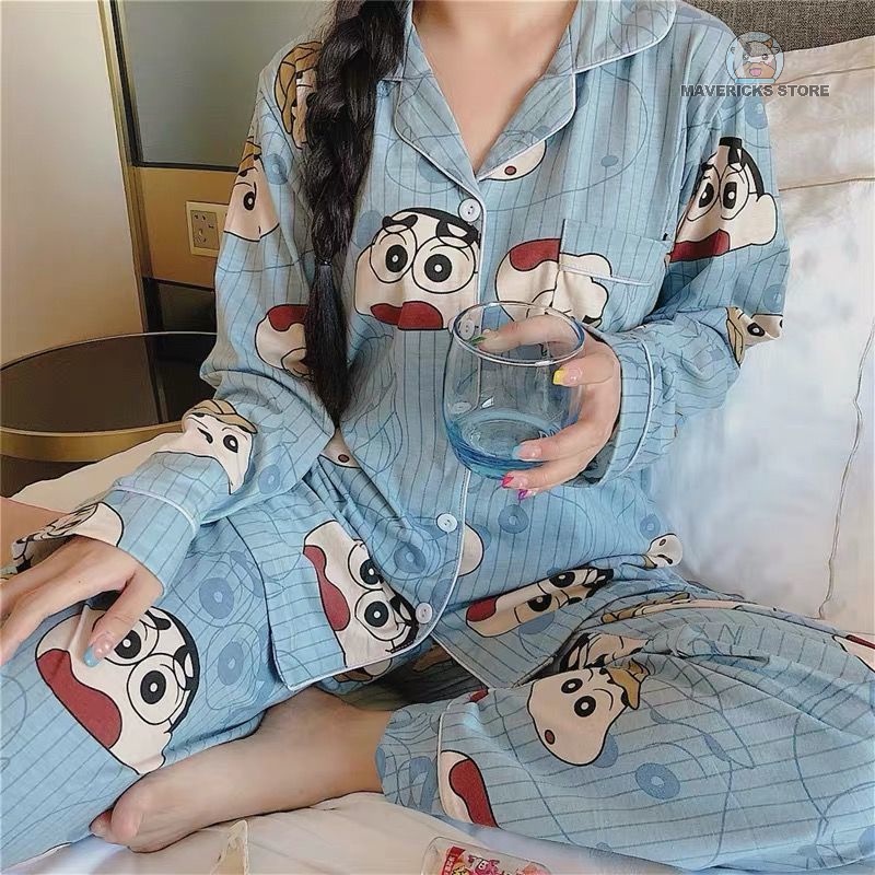 Bộ đồ ngủ tay dài in hình cậu bé bút chì dễ thương phong cách Hàn Quốc