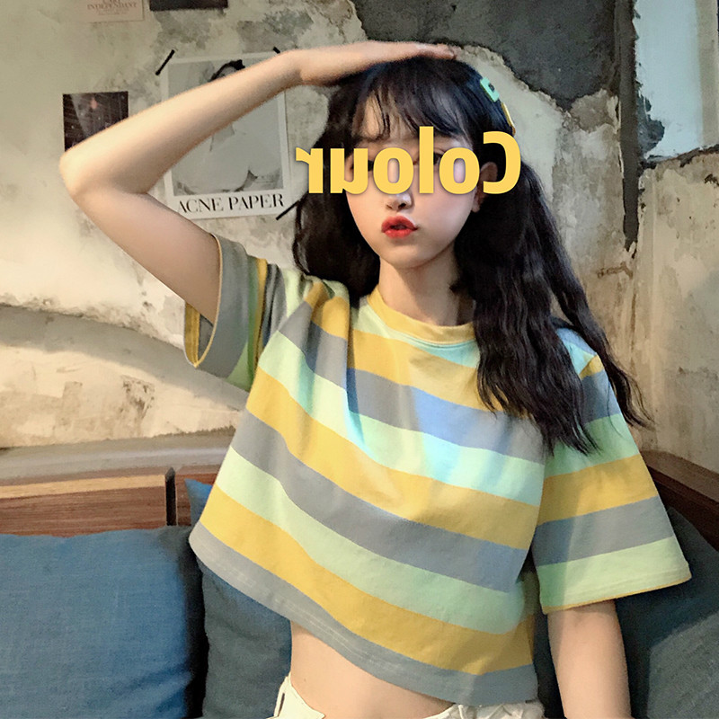 Áo Thun Croptop Kẻ Sọc Phong Cách Hàn Quốc Xinh Xắn Cho Nữ