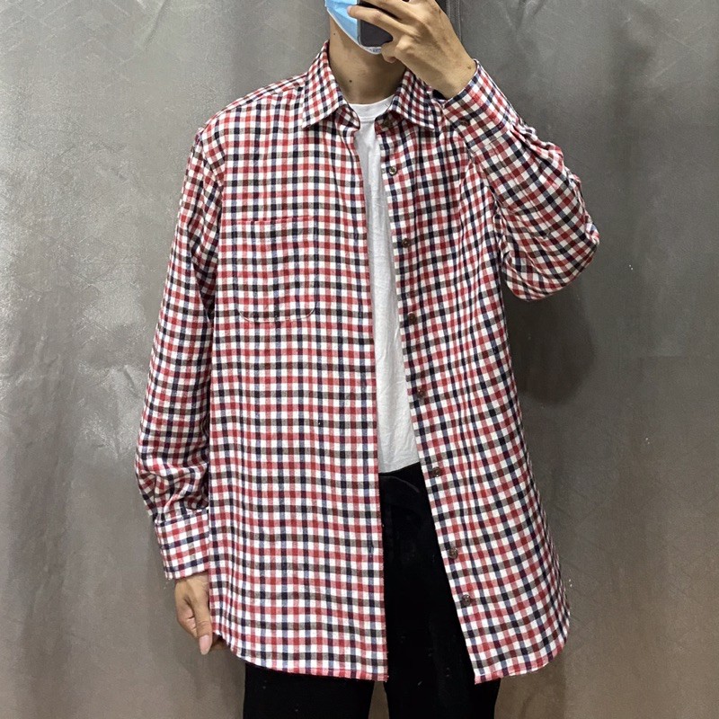 2HAND - ÁO SƠ MI FLANNEL KẺ CARO SIZE L MÀU ĐỎ TRẮNG NÂU ĐEN MỚI 95%