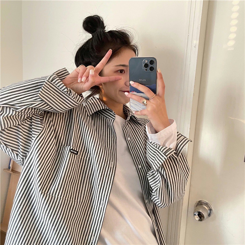 Áo sơ mi tay dài dáng rộng kẻ sọc kiểu Hàn Quốc cá tính