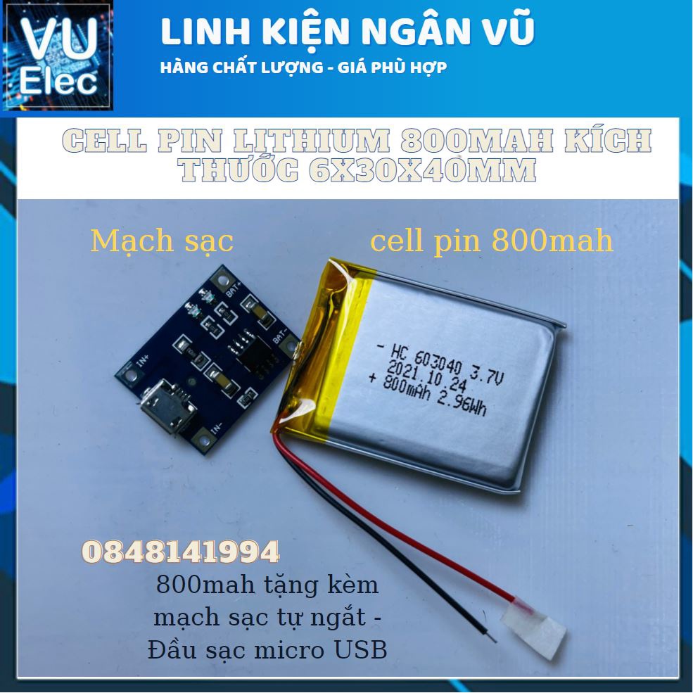 Pin Li-Po 3.7V 800mAh 603040 (Lithium Polymer) tặng kèm mạch sạc đầu Micro usb CÓ ĐÈN BÁO