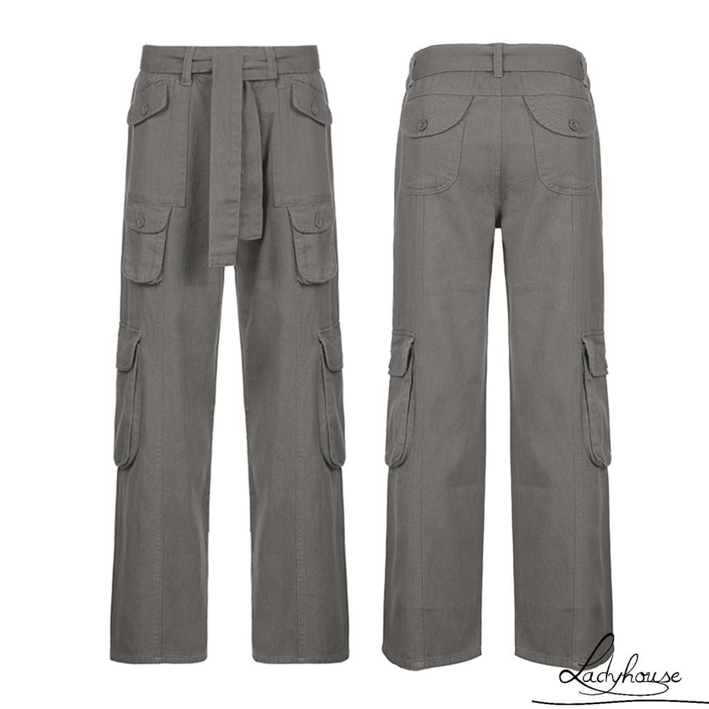 Quần Dài Lưng Thấp Ống Rộng Màu Trơn Phối Nhiều Túi Thời Trang Mùa Thu Cho Nữ