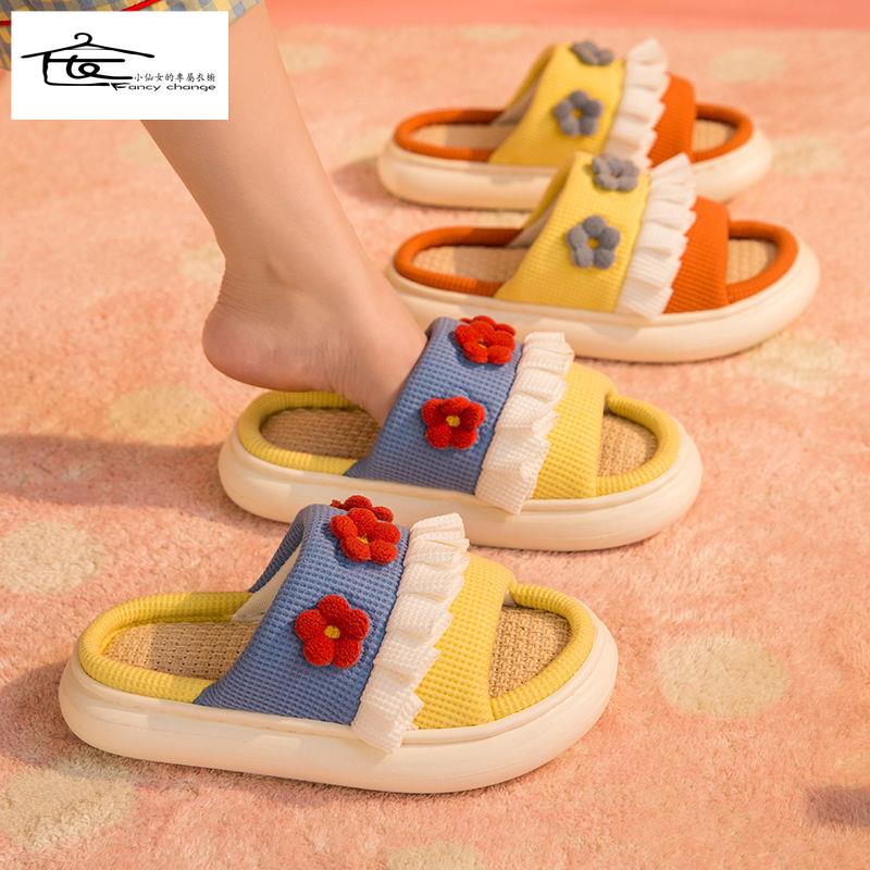 Dép Cotton Lanh Mùa Hè Đế Dày Họa Tiết Dễ Thương Cho Nữ