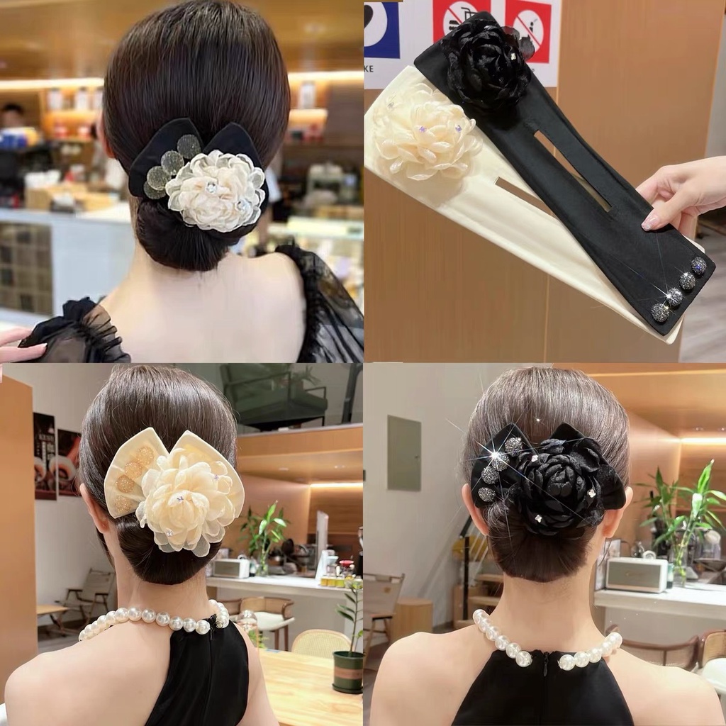 Thanh cuộn búi tóc nơ đính hoa trà lấp lánh kiểu dáng ngọt ngào bằng vải lưới chất lượng cao