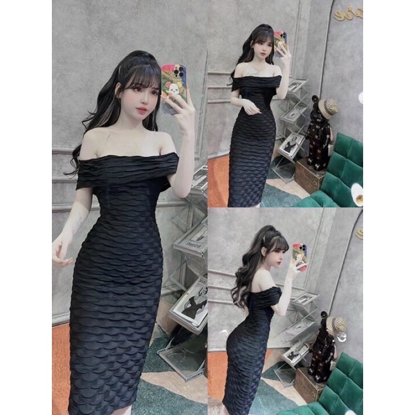 Váy body thun sóng trễ vai