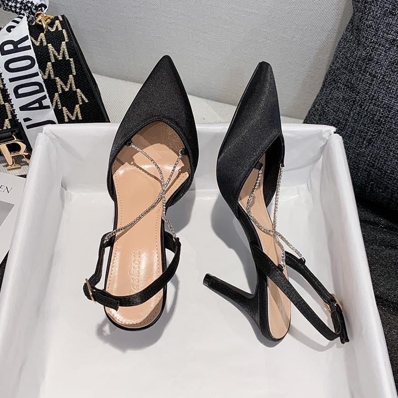 Giày cao gót nữ giày búp bê sandal bệt chất lụa satin phối quai đá lấp lánh  Q172_173