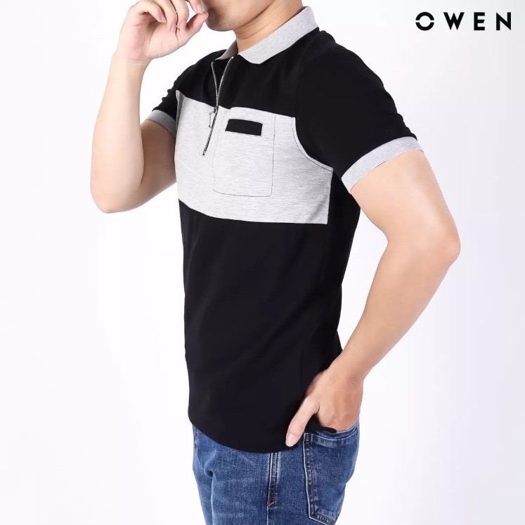 Áo polo nam Owen màu xám phối đen dây kéo - APV91663