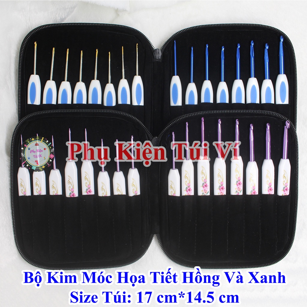 Bộ kim móc họa tiết hồng và xanh