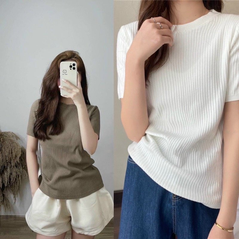 Áo Len Nữ Cộc tay cổ 2cm - 6 mầu Trắng Đỏ Đen Ghi Hồng Cam - Hanlly Fashion - AL4