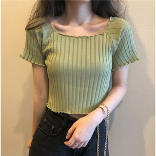 Áo Croptop dệt kim tay ngắn thiết kế trễ vai quyến