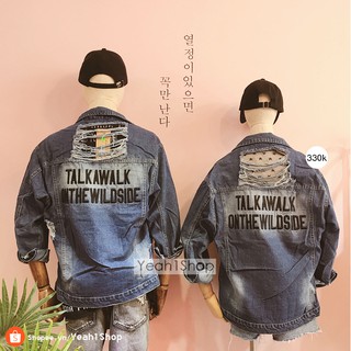 [Yeah1Shop]- Áo khoác Jeans rách chữ Talkawalk (Freesize dưới 65kg)
