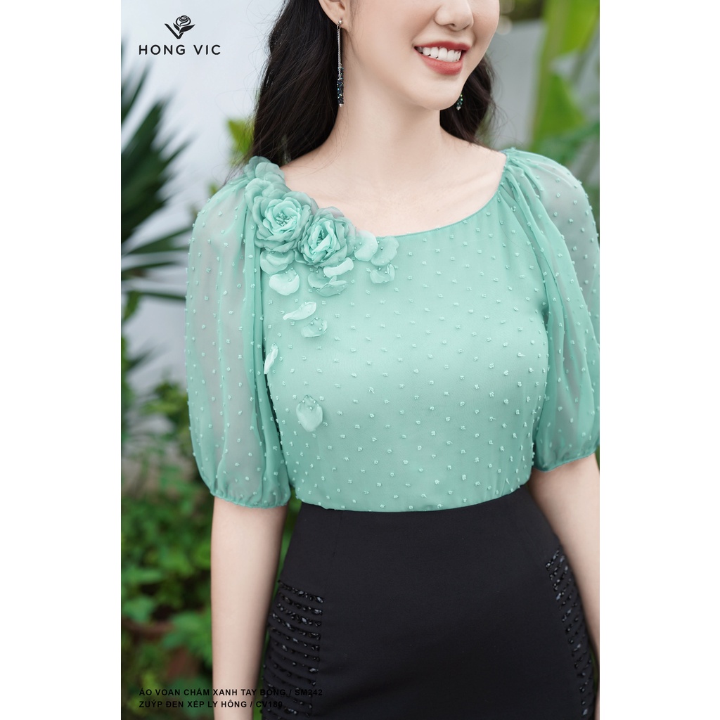 Áo nữ thiết kế Hong Vic voan chấm xanh tay bồng SM242