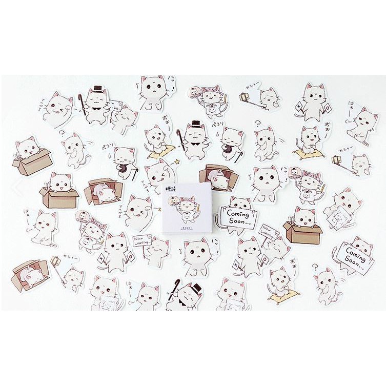 Hộp 45 Miếng Nhãn Dán Sticker Mèo Trắng Cute