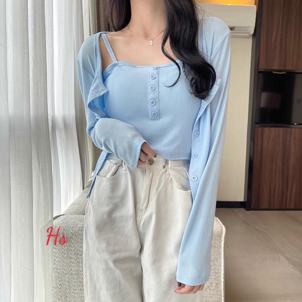Set Áo 2 Dây 1 Hàng Cúc Giữa Chất Liệu Cotton Nhẹ Nhàng Nữ Tính Bơ Store