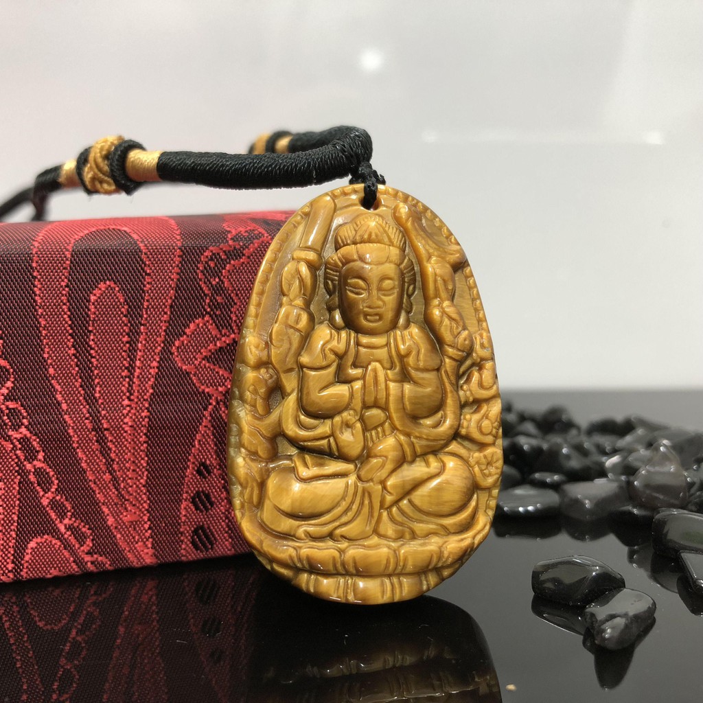 Dây Đeo Phật Bản Mệnh Tuổi Tý Màu Vàng Nâu Đá Mắt Hổ - Phật Thiên Thủ Thiên Nhãn