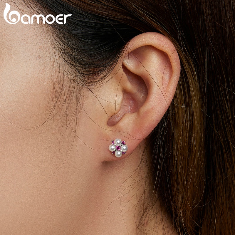 BAMOER Set Bông Tai Bạc 925 HìNh Vỏ ỐC Và Hoa ThờI Trang Cho Nữ