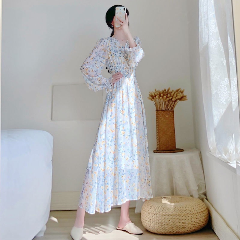 Đầm PERTY chiffon tay dài họa tiết hoa thời trang Hàn Quốc xinh xắn dành cho nữ