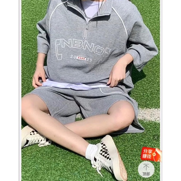 [NEW] Bộ Thun Polo Chữ NBNO Unisex Sét Áo Form Rộng Tay Lỡ Kèm Quần Short Đùi Mầu Xám Hàn Quốc(Hàng Sẵn)