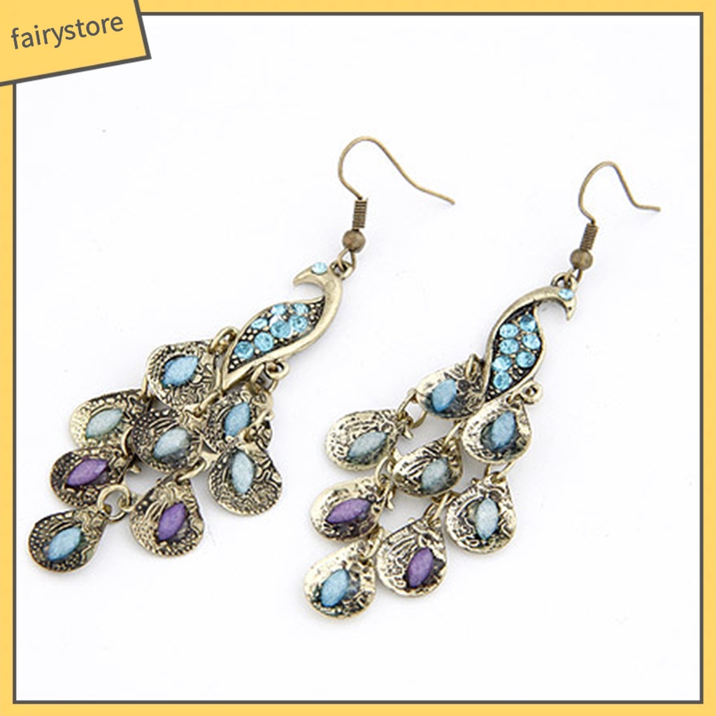 1 Đôi Bông Tai Hình Chim Công Đính Đá Phong Cách Vintage