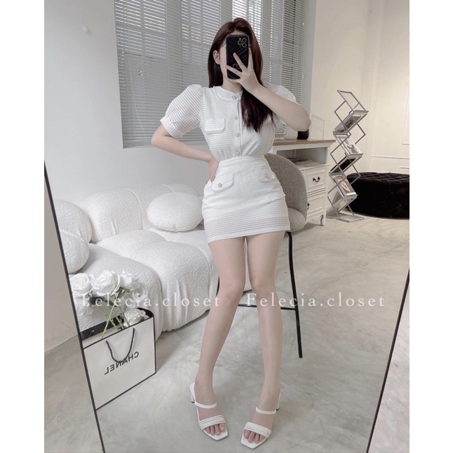 SET ÁO DẠ VIỀN REN CỔ TRỤ + CHÂN VÁY