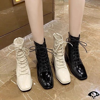 Giày bốt nữ mã 9061 cao cổ gót cao 7p chất liệu da bóng cao cấp dây buộc kéo khóa sau phong cách ulzzang hàn quốc 2021
