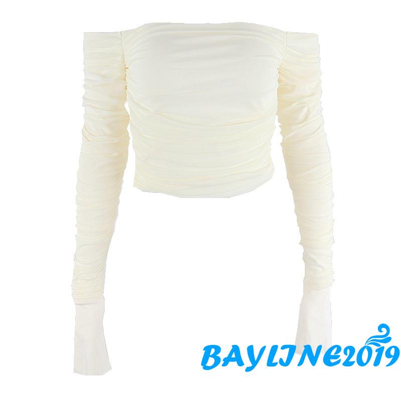 Bay-áo Thun Crop Top Lưới Tay Loe Hở Vai Màu Trơn Dành Cho Người Lớn