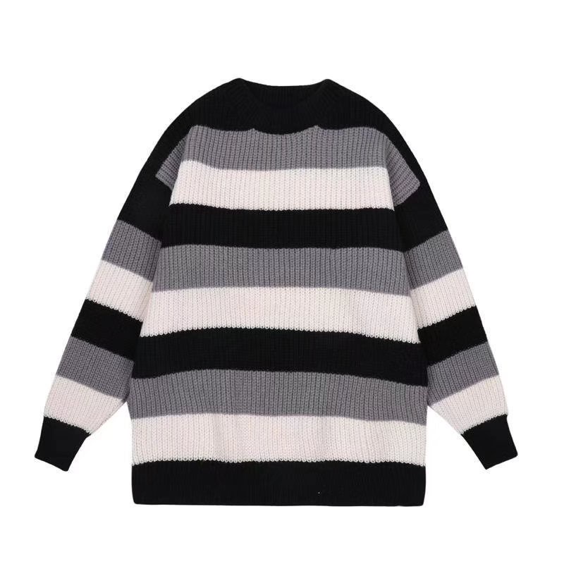 Áo sweater dáng rộng cổ tròn in kẻ sọc phong cách đơn giản cho nam áo len nữ áo sweater nữ form rộng