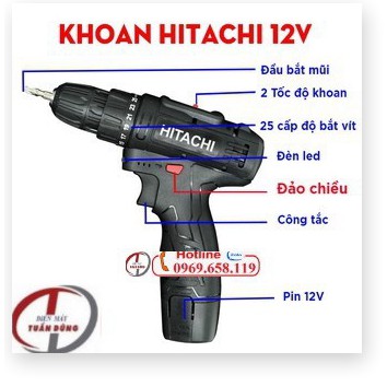 Máy khoan pin HITACHI 12v- Khoan cầm tay 2 cấp tốc độ Có Đèn