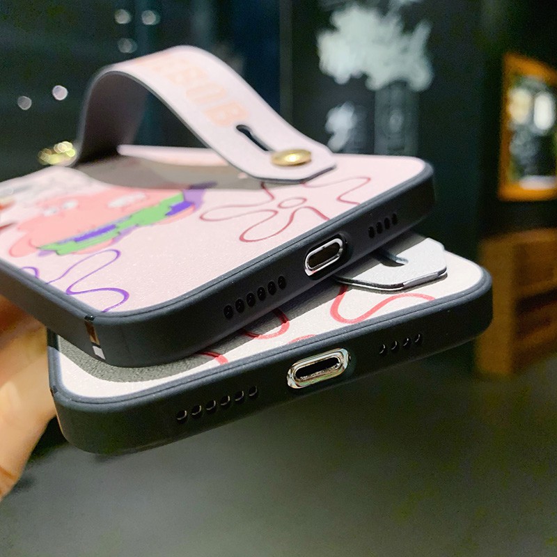 Ốp lưng iPhone 12 mini 11 Pro X XR XS Max 8 7 Plus SE 2020 3D Relief Cartoon Cut SpongeBob Soft TPU Case Cover+Wristband