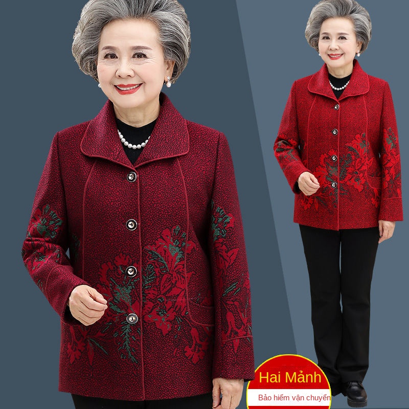 Bà ngoại áo khoác mùa xuân và thu cỡ lớn quần già mẹ cộng với lông cừu 70 tuổi 80 phụ nữ cao Bộ đồ đông
