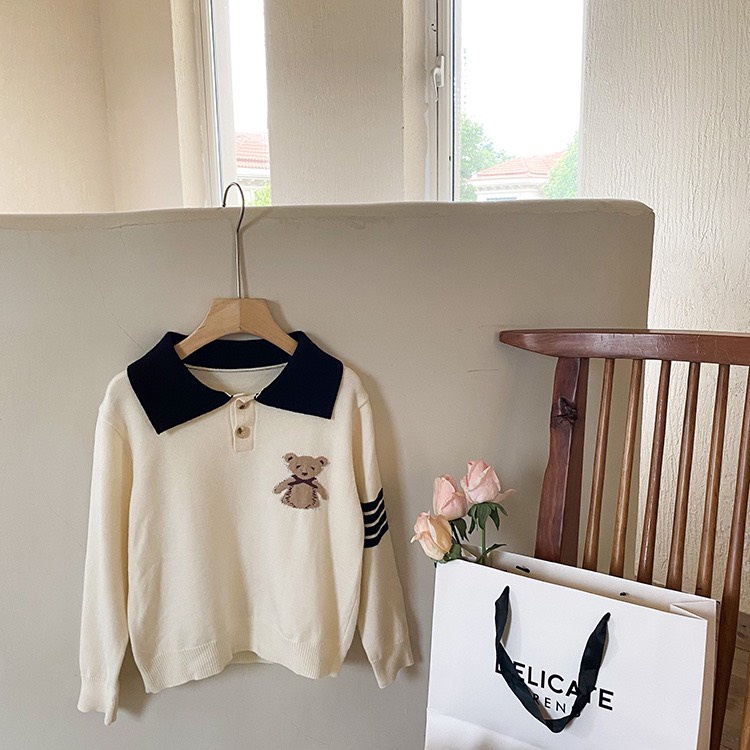 Áo len polo hoạ tiết gấu dễ thương cho bé A870