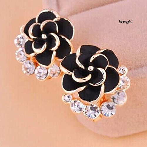 Bông tai hợp kim hình hoa trà đính đá lấp lánh