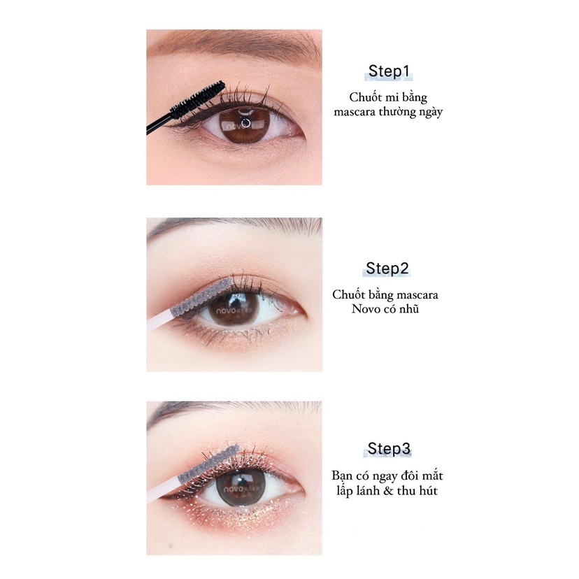 Nhũ mascara Novo lấp lánh, không lem không trôi, chống thấm nước, tạo hiệu ứng đôi mi long lanh, thu hút mọi ánh nhìn