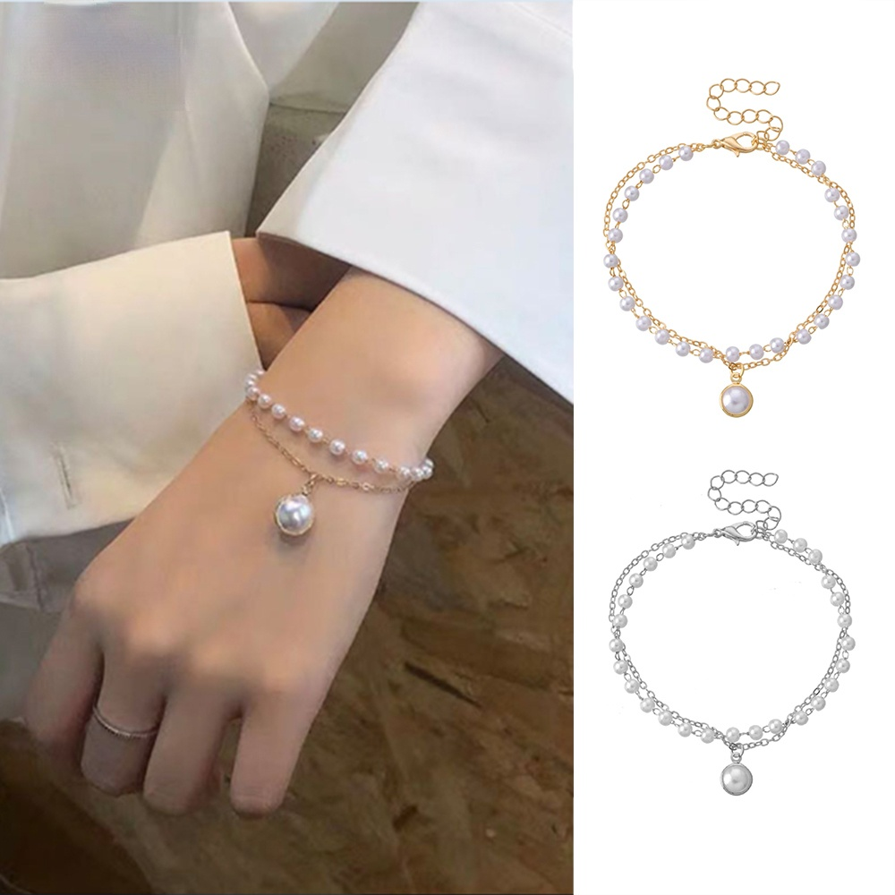 Lắc tay 2 sợi đính hạt ngọc trai đơn giản
