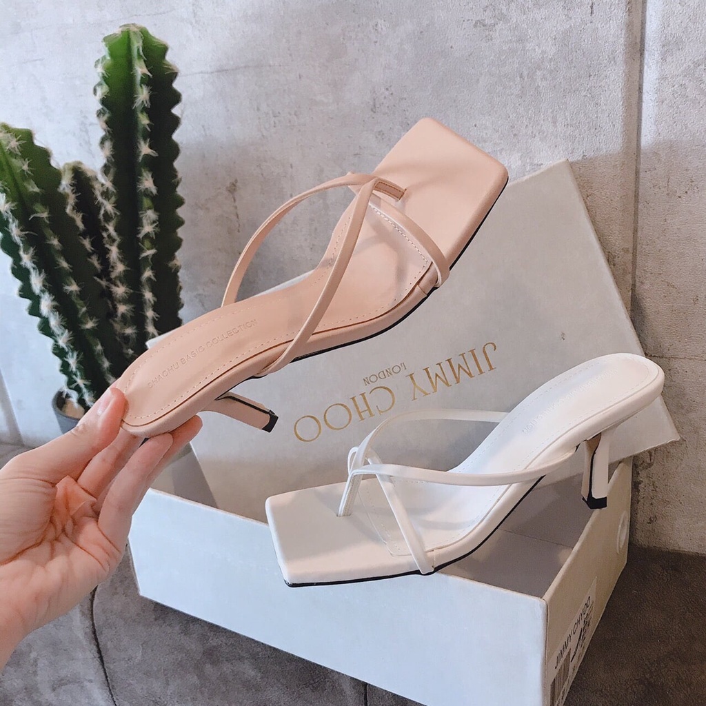 Guốc Nữ Ba Dây XALI Dép Dây Kẹp Ngón Quai Mảnh Gót Cao 7cm Màu Trắng Đen Kem Mũi Vuông