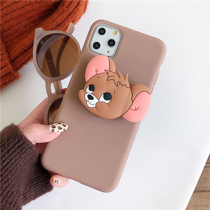 Ốp lưng iPhone 12 mini 11 Pro X XR XS Max 8 7 6 6S Plus SE 2020 Candy Solid Color Cartoon Soft Case Cover+Cat Mouse Stand